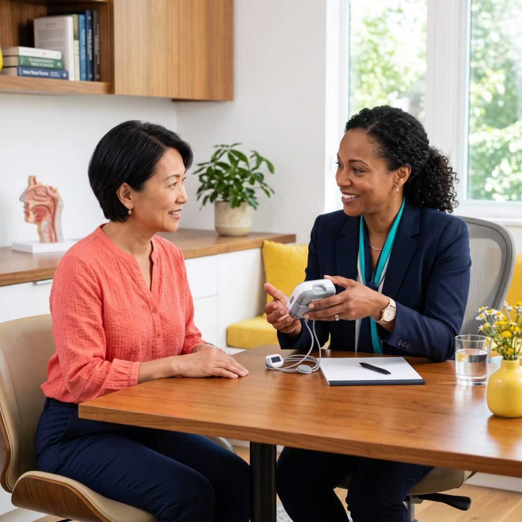 Woman Discussing A Home Sleep Apnea Test With A Female Clinician
