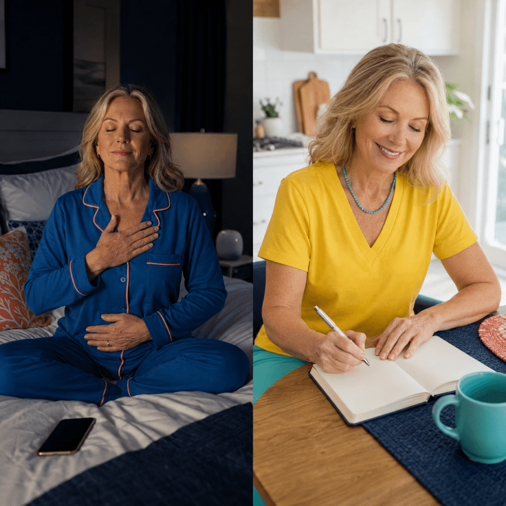 hite American woman using a calm nighttime routine and daytime sleep journal to manage menopause insomnia