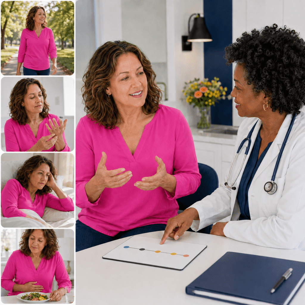 Midlife woman and clinician discussing possible causes of menopause joint pain and digestive symptoms
