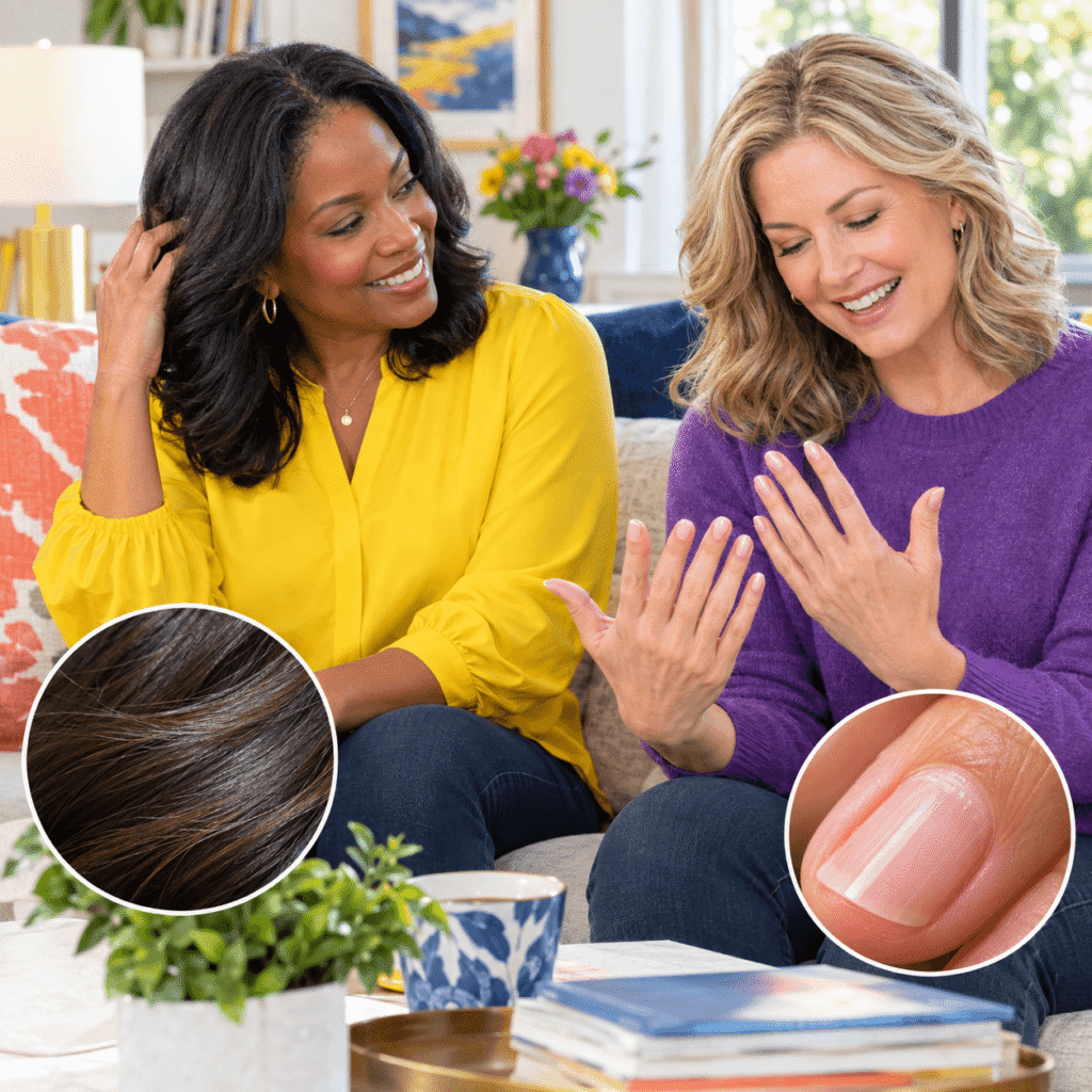 Two midlife women discussing hair and nail changes during menopause