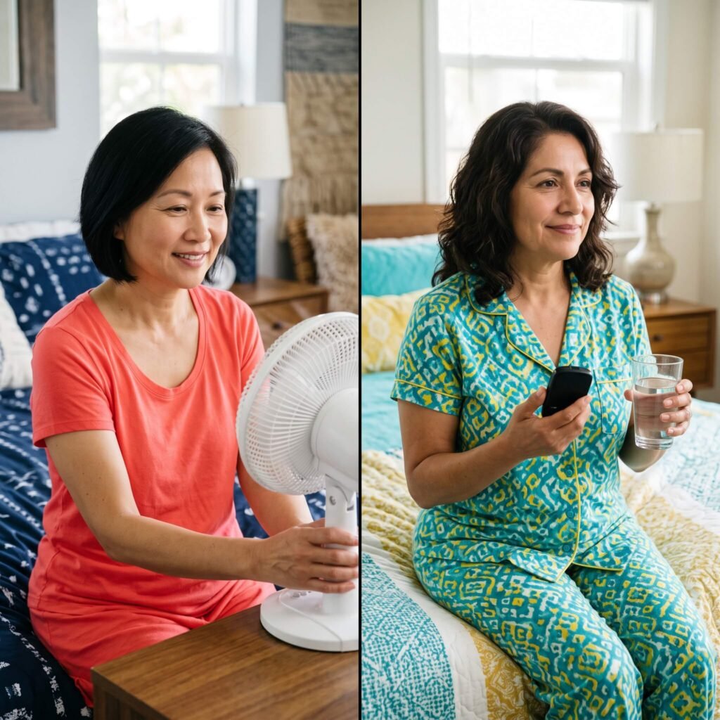 Two midlife women showing different nighttime clues that can accompany menopause waking and low blood sugar
