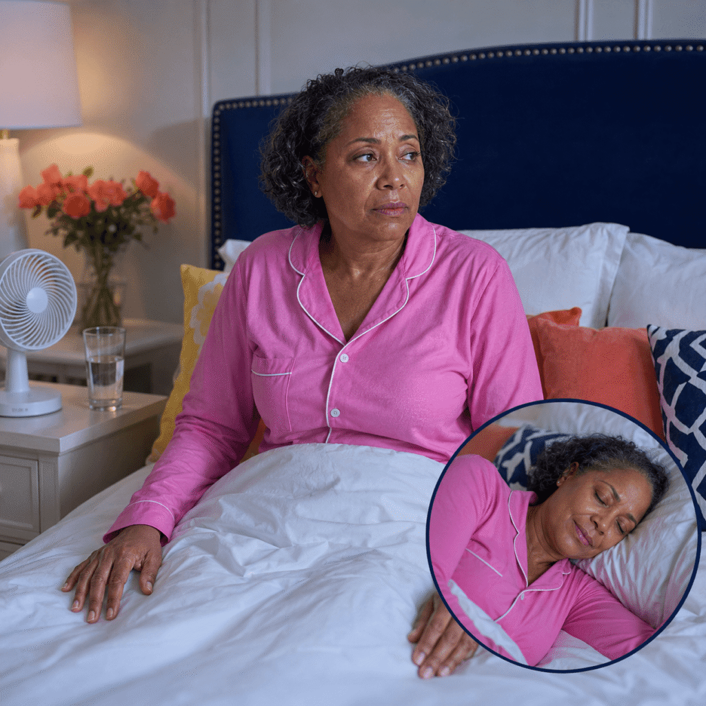 Black woman changing a damp pillowcase after menopause night sweats