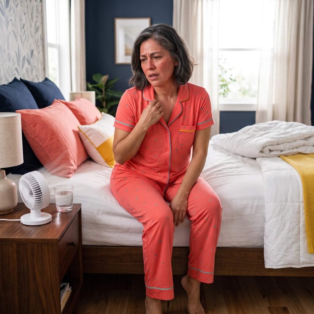 Mexican American woman using a fan and lightweight layered bedding to stay comfortable at night