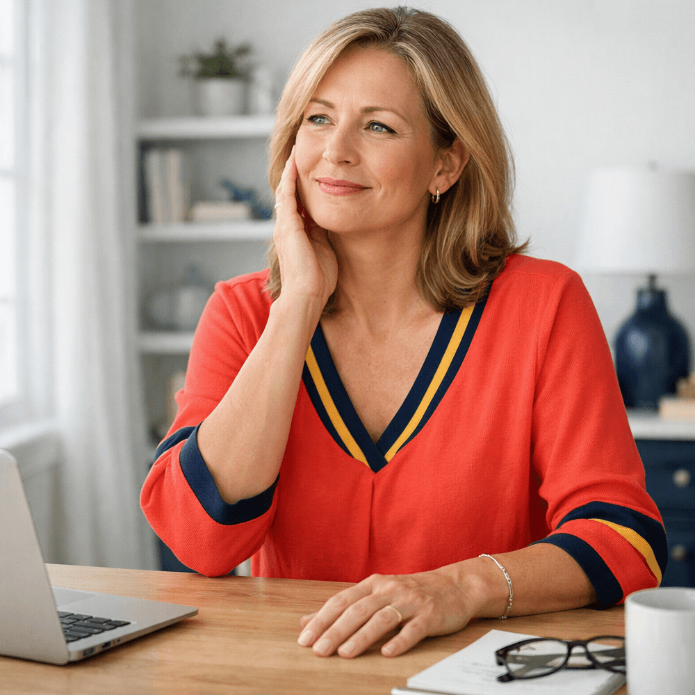 Midlife woman recognizing jaw tension and early signs of menopause anger
