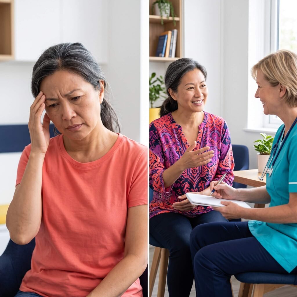 Woman seeking professional help for persistent menopause anger and mood changes
