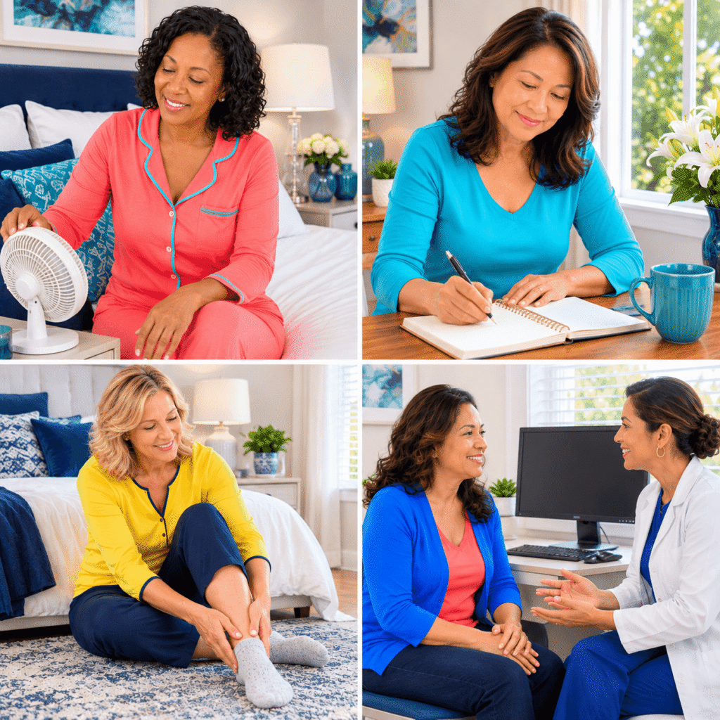 Four diverse women illustrating different menopause sleep concerns including night sweats, insomnia, restless legs and sleep evaluation