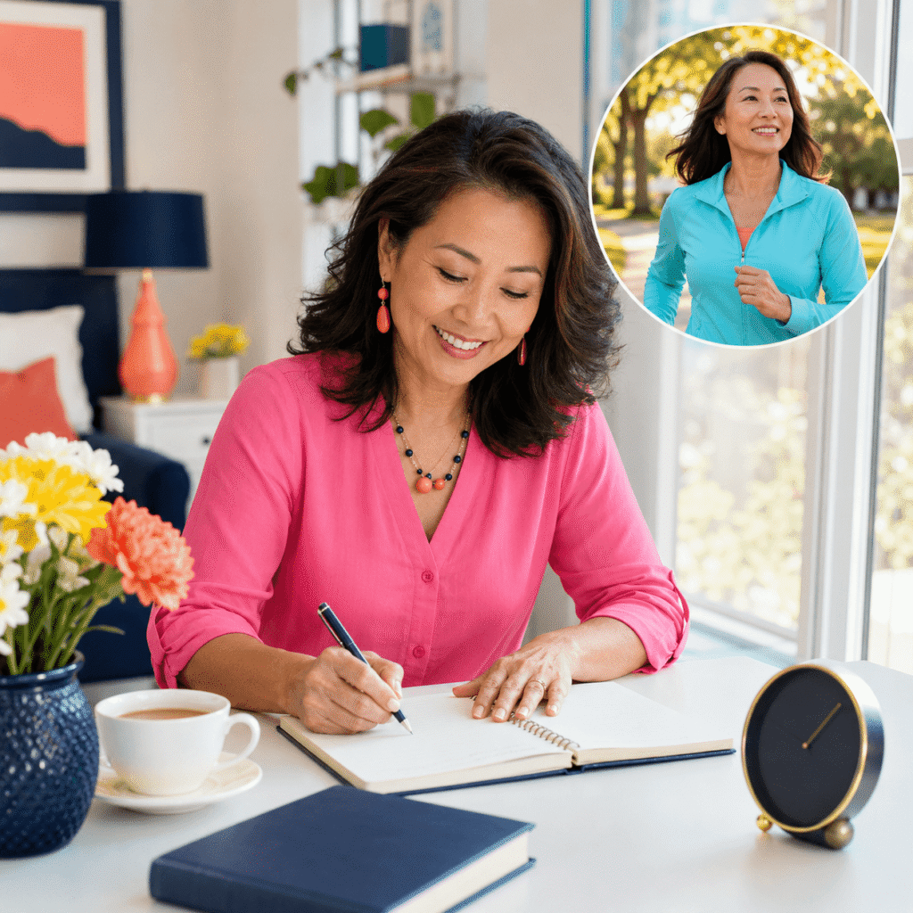Asian American woman tracking her sleep routine in a notebook after spending time outdoors in morning light
