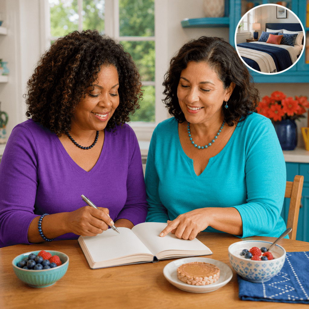 African American and Mexican American women reviewing a sleep journal beside a small evening snack