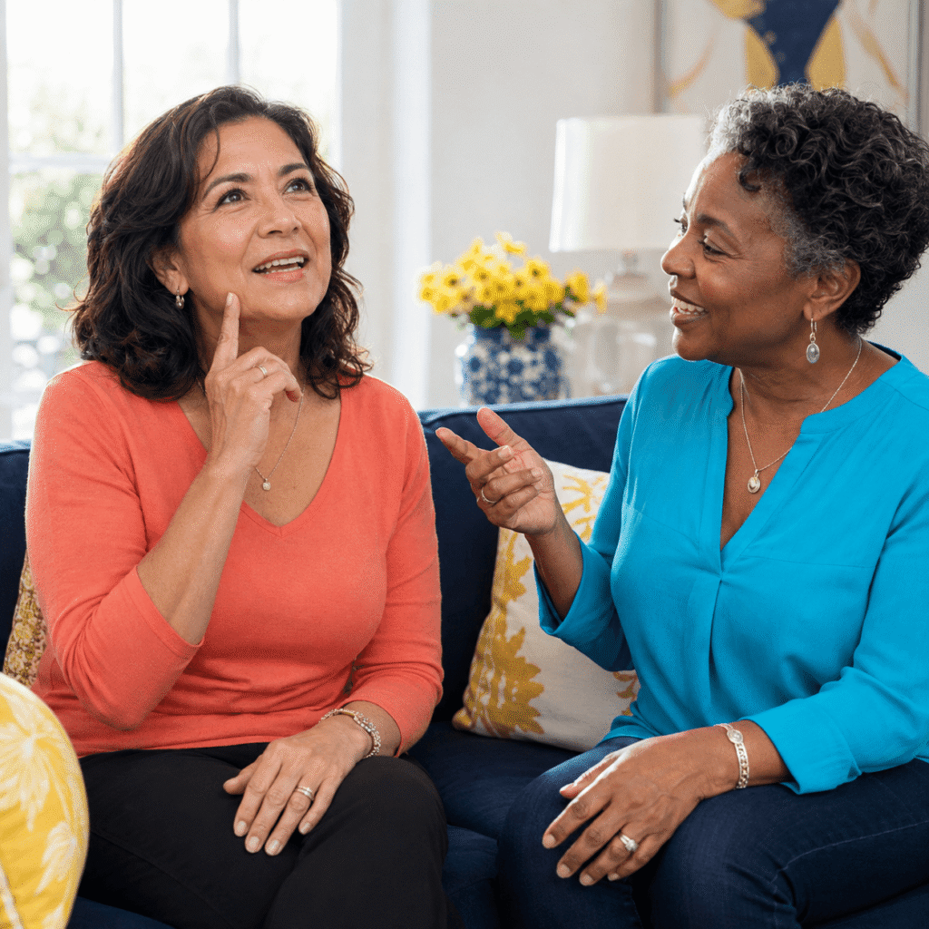 Two midlife women talking