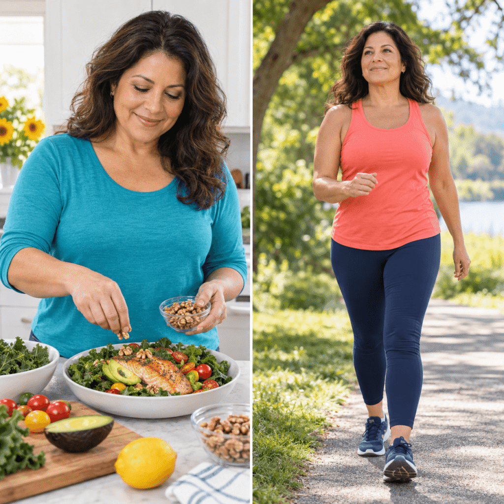 Postmenopausal Woman Supporting Heart Health With Food And Exercise