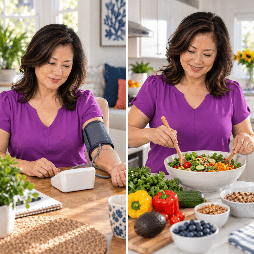 Woman Monitoring Blood Pressure And Supporting Cardiovascular Health During Menopause