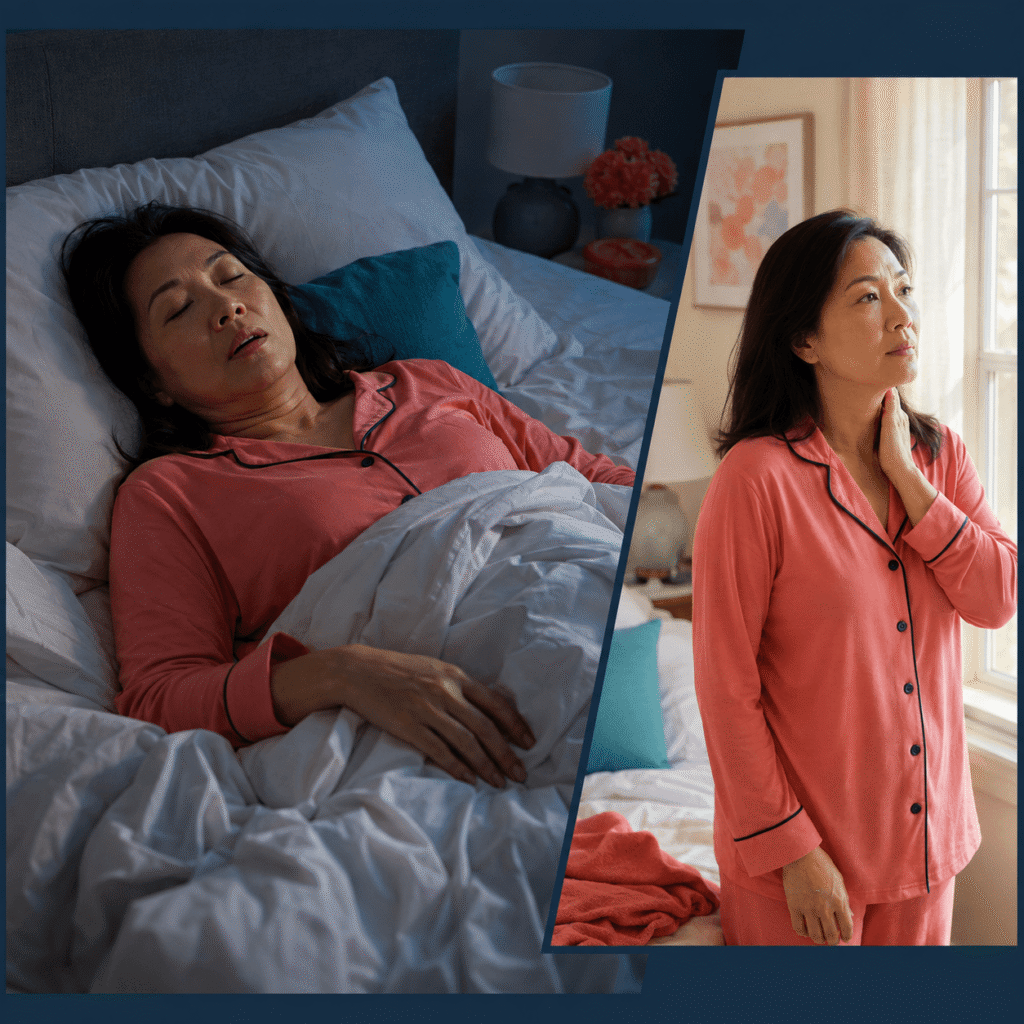Postmenopausal Woman Experiencing Restless Sleep After Hormonal Changes
