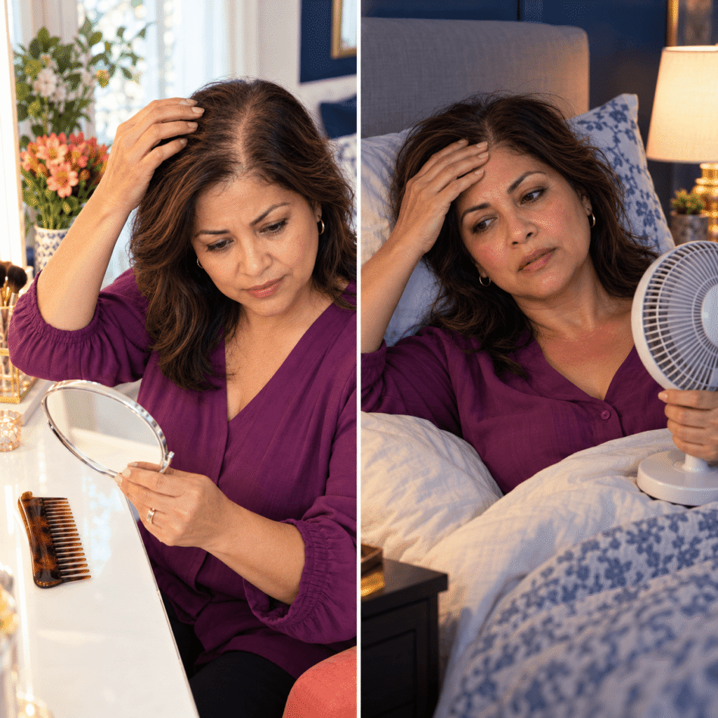 Midlife Woman Noticing Hair Texture Changes During Menopause