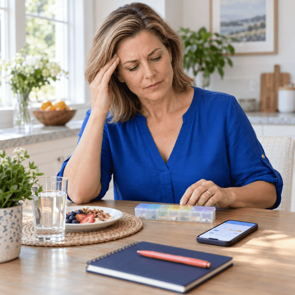 Woman Reviewing Medication Timing After Experiencing A Brain Zap