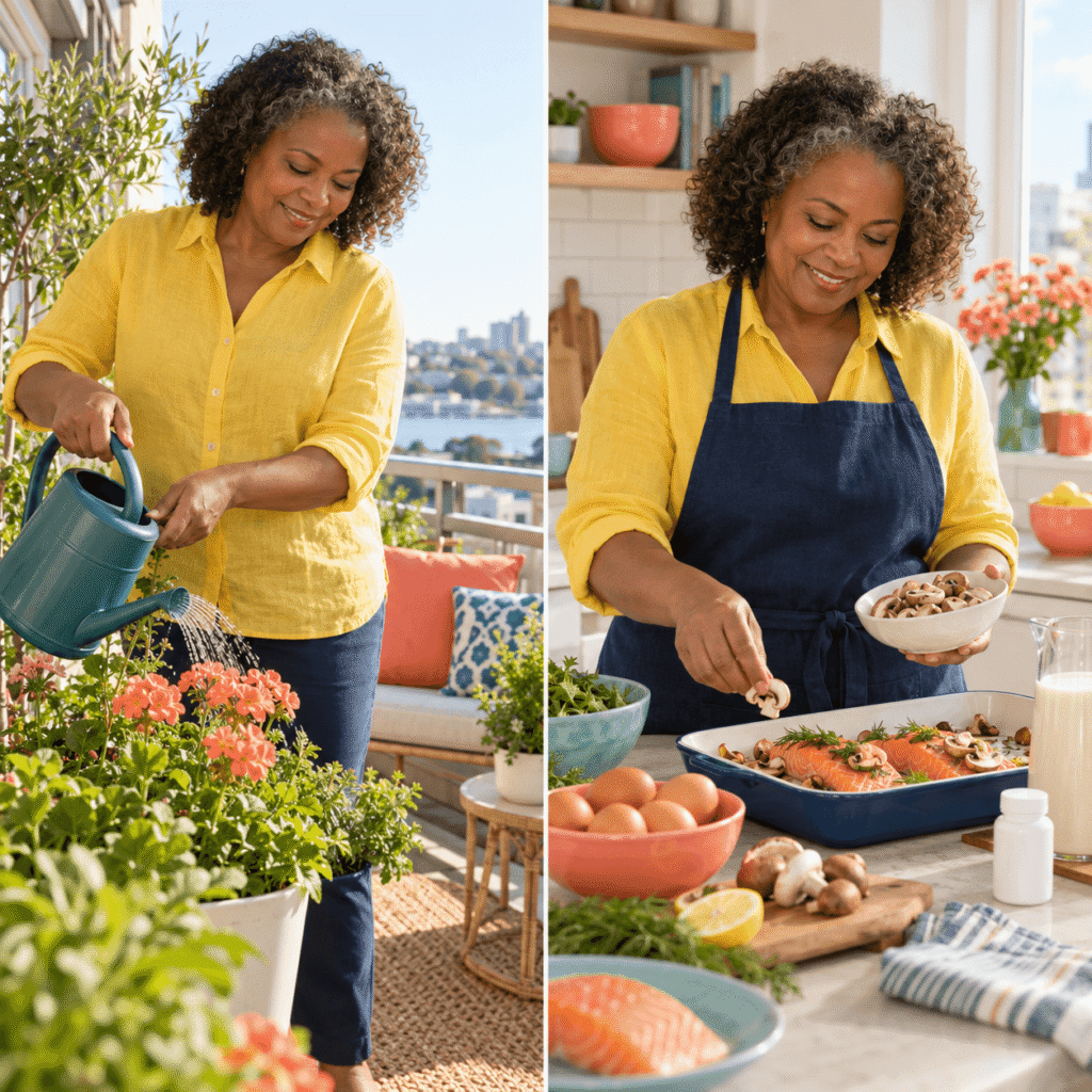 Woman Combining Vitamin D Foods And Safe Morning Sunlight

