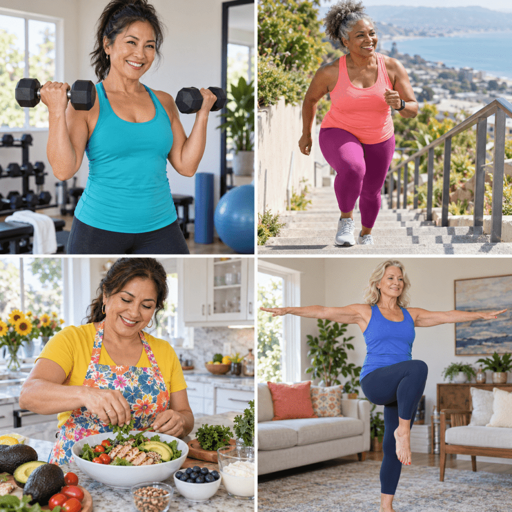 Four diverse midlife women shown strength training, climbing stairs, preparing a nutritious meal, and practicing balance exercises