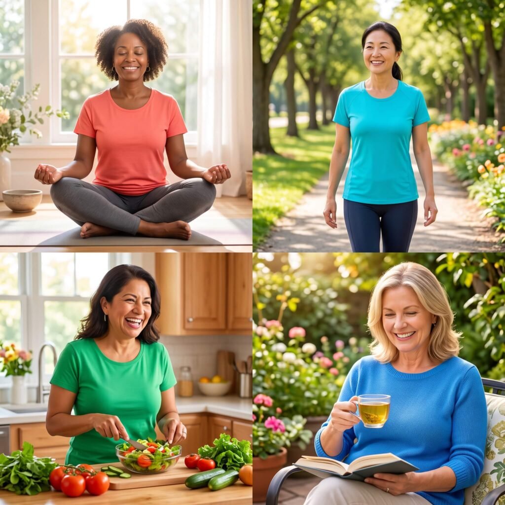 Diverse women using walking balanced meals and relaxation for menopause mood support
