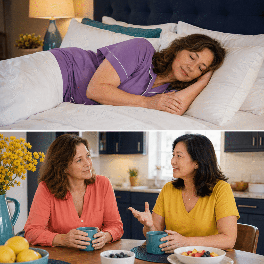 Woman Over Fifty Learning About New Snoring From Her Menopause Friend
