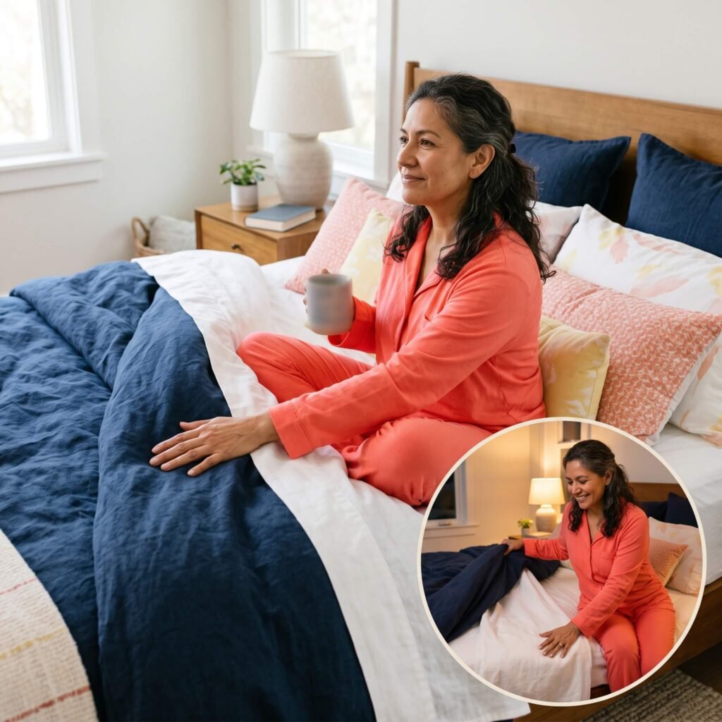 Midlife woman calmly transitioning from a disrupted night to a reassuring bedtime routine