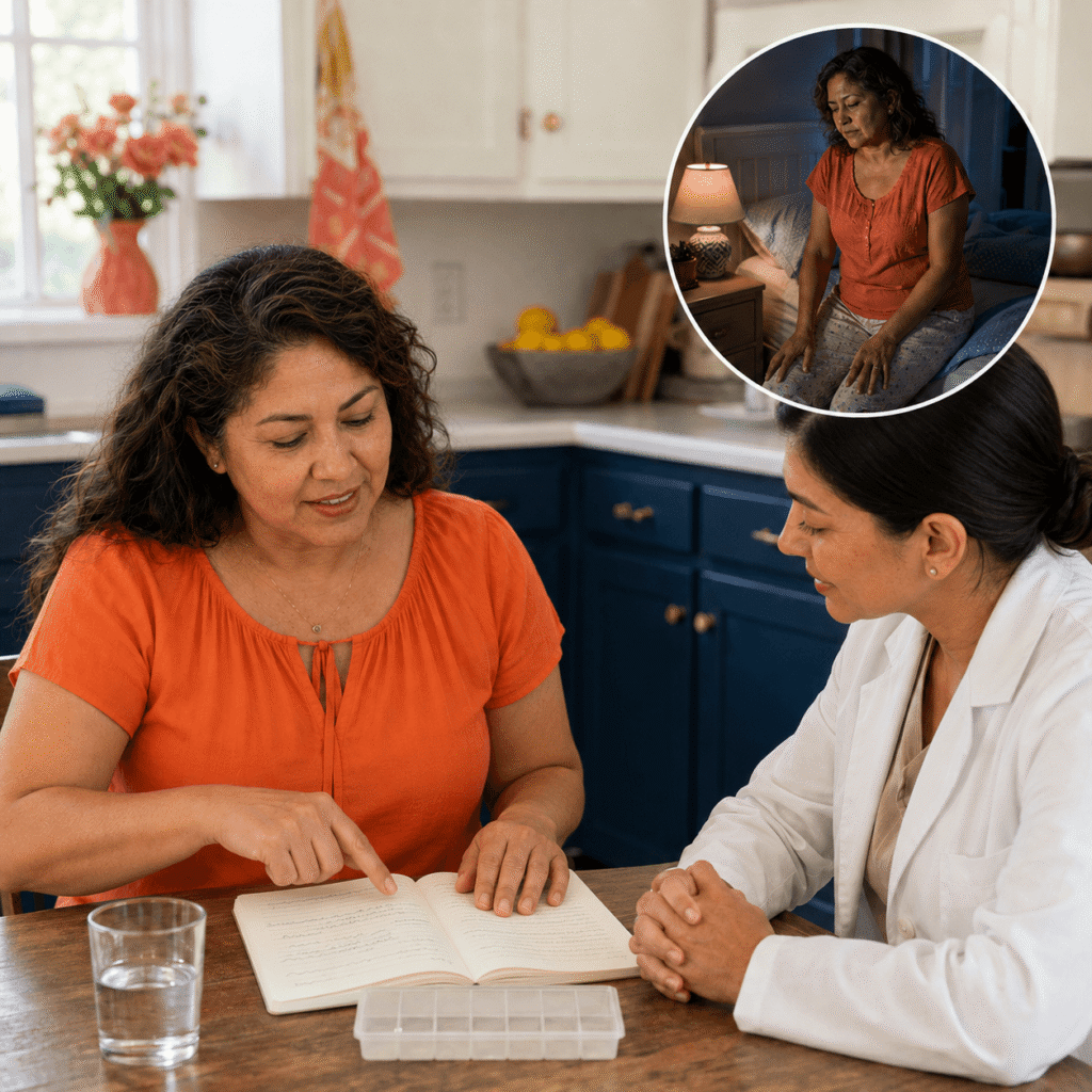 Midlife woman discussing blood sugar concerns with a clinician