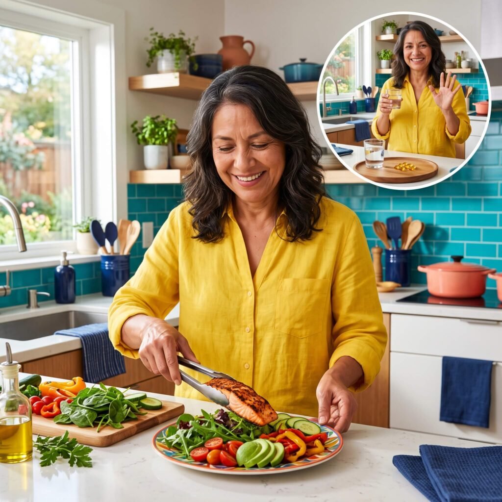 Mexican American woman over 50 preparing salmon while considering an unbranded omega 3 supplement
