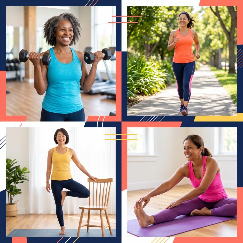Weekly osteoporosis exercise plan showing strength training, walking, balance, and mobility activities.