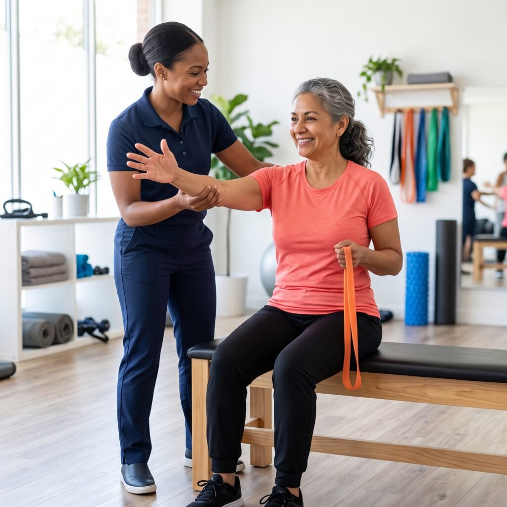 Physical therapist demonstrating safe exercise modifications for osteoporosis.