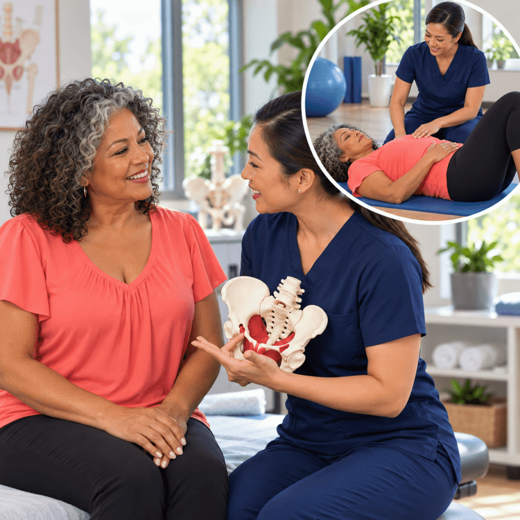 Midlife woman receiving personalized pelvic floor guidance from a physical therapist using a pelvic anatomy model.