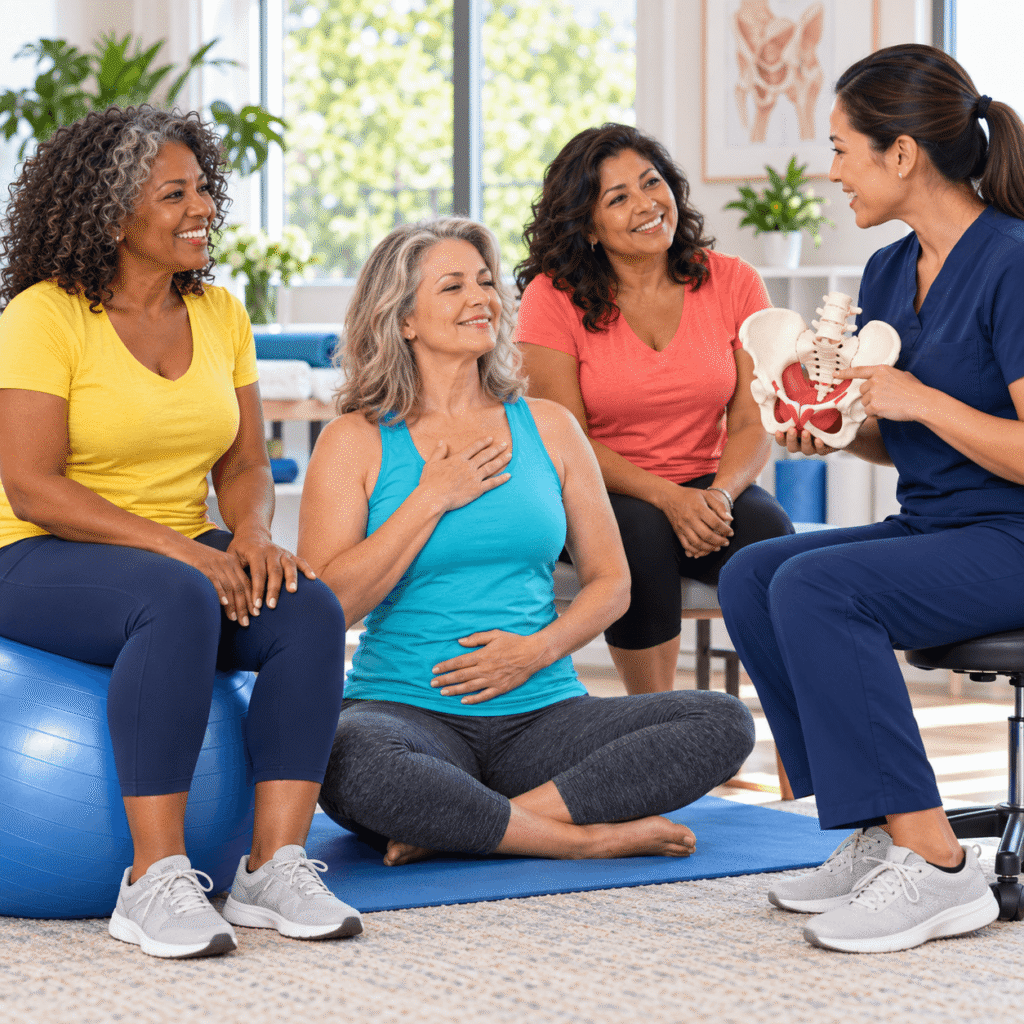 Diverse midlife women learning about pelvic floor treatment options from a female physical therapist using a pelvis model.