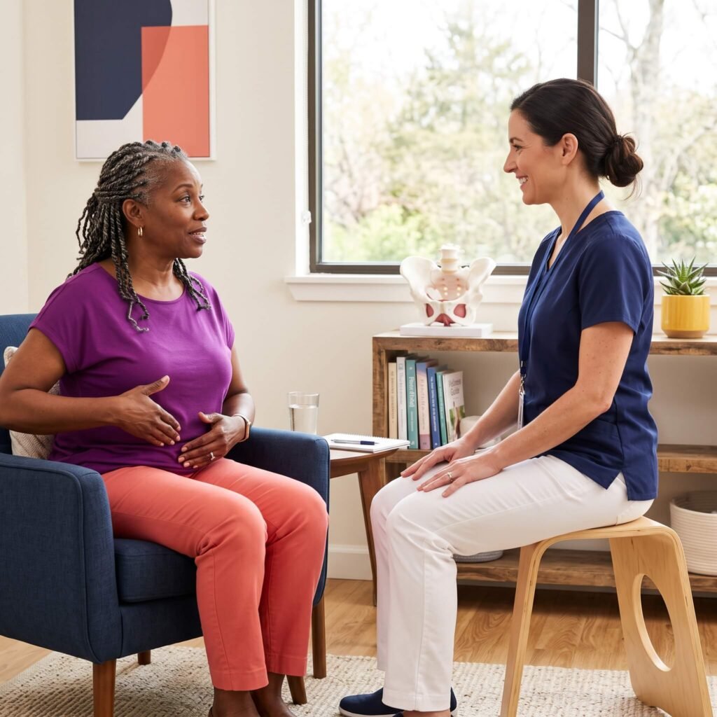 Woman Discussing Pelvic Organ Prolapse And Nighttime Urination With A Pelvic Health Therapist