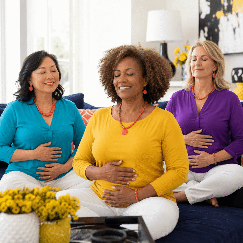 Three smiling women in midlife practicing slow breathing together