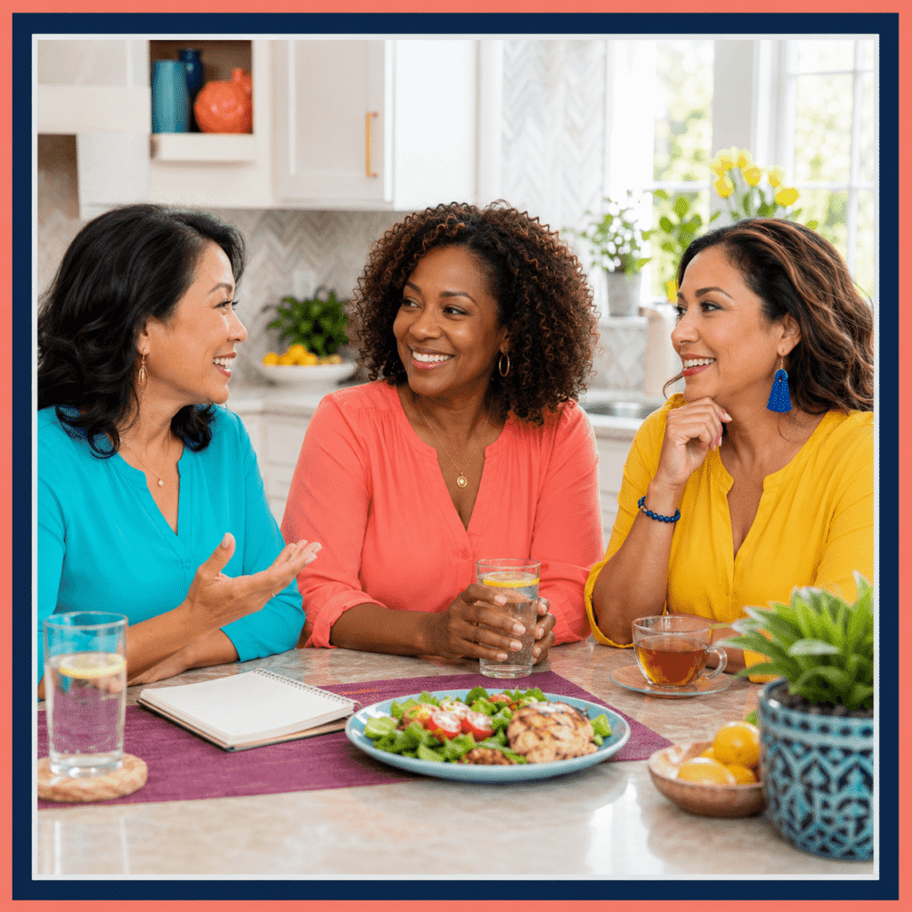 Three midlife women discussing changing digestive symptoms together in a bright home setting