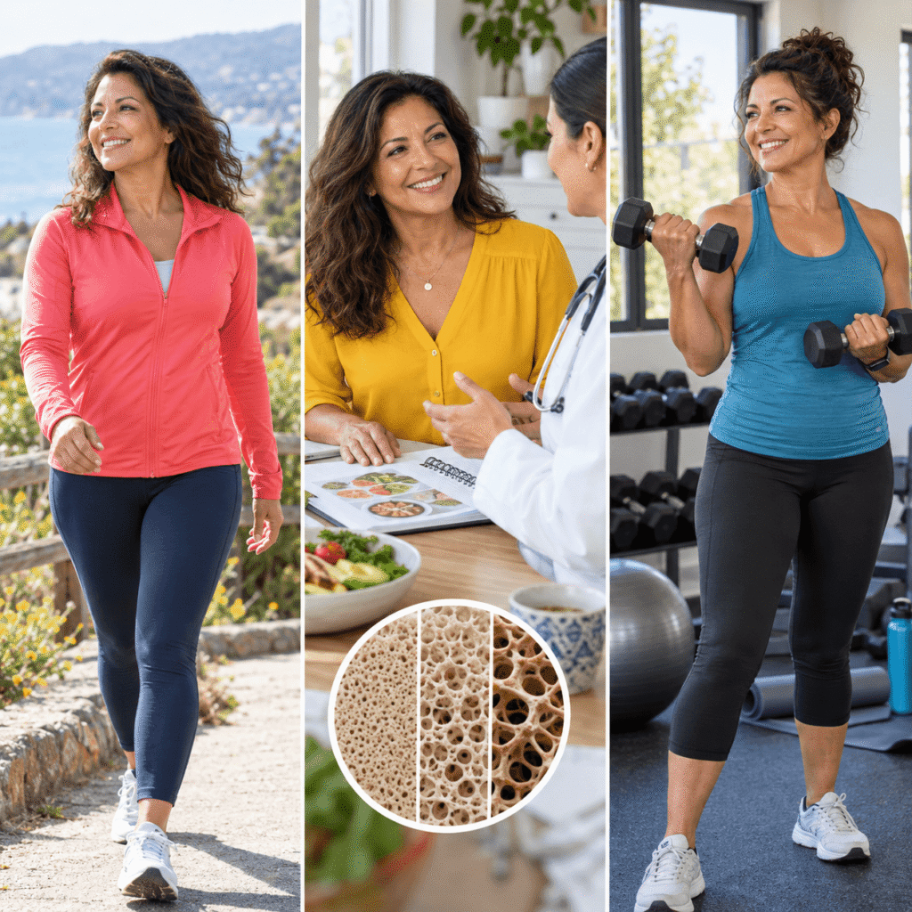 Midlife woman walking, discussing bone health with a clinician