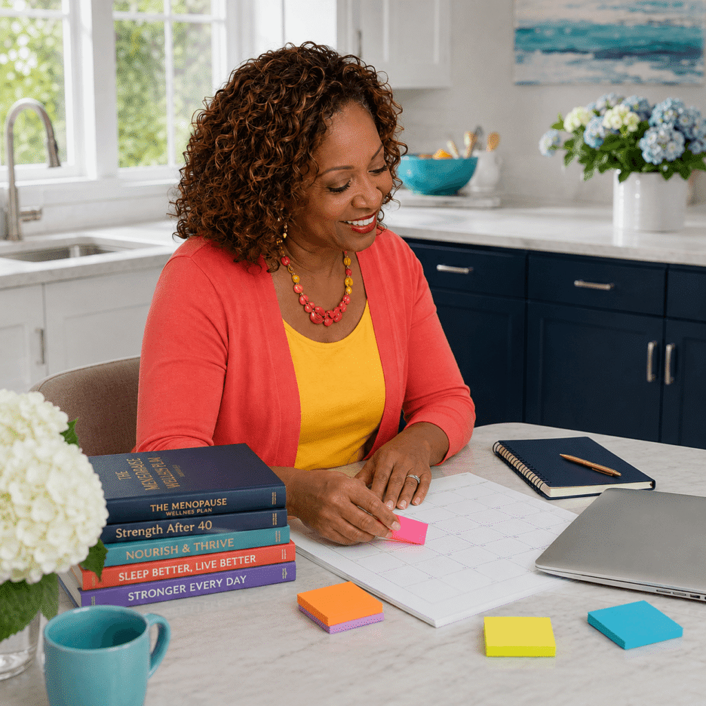 Two smiling midlife women comparing simple planning routines during perimenopause.
