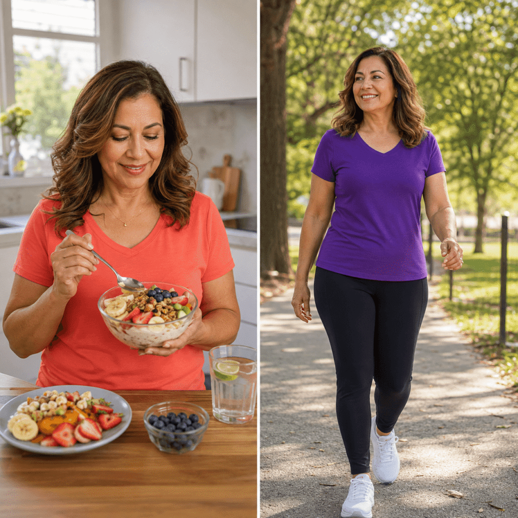 Woman reflecting on digestive changes during perimenopause while preparing a healthy meal