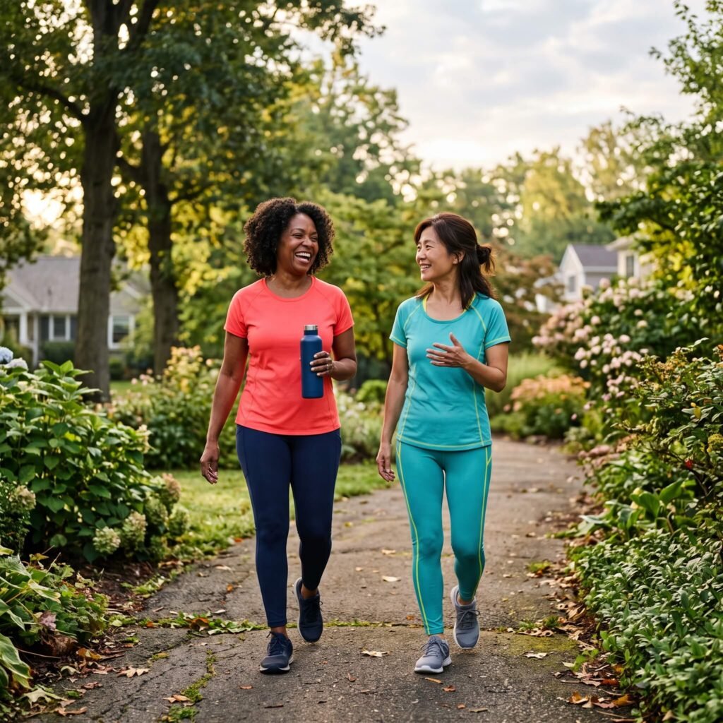 Two midlife women taking a morning walk together in natural daylight
