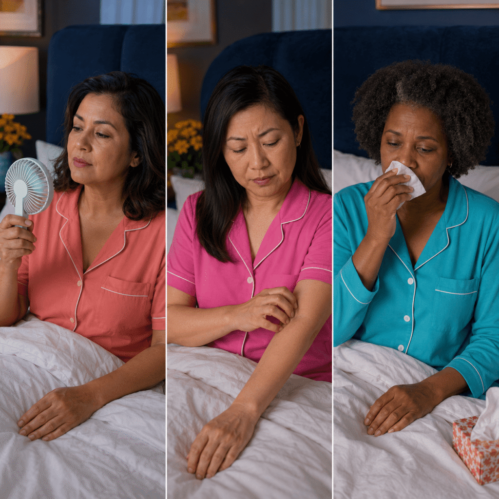 Diverse women experiencing overlapping perimenopause and histamine-like symptoms at night
