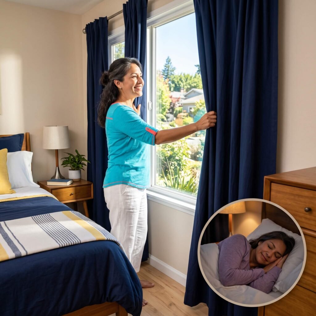  Smiling midlife woman beginning her morning routine after opening bedroom curtains to daylight.
