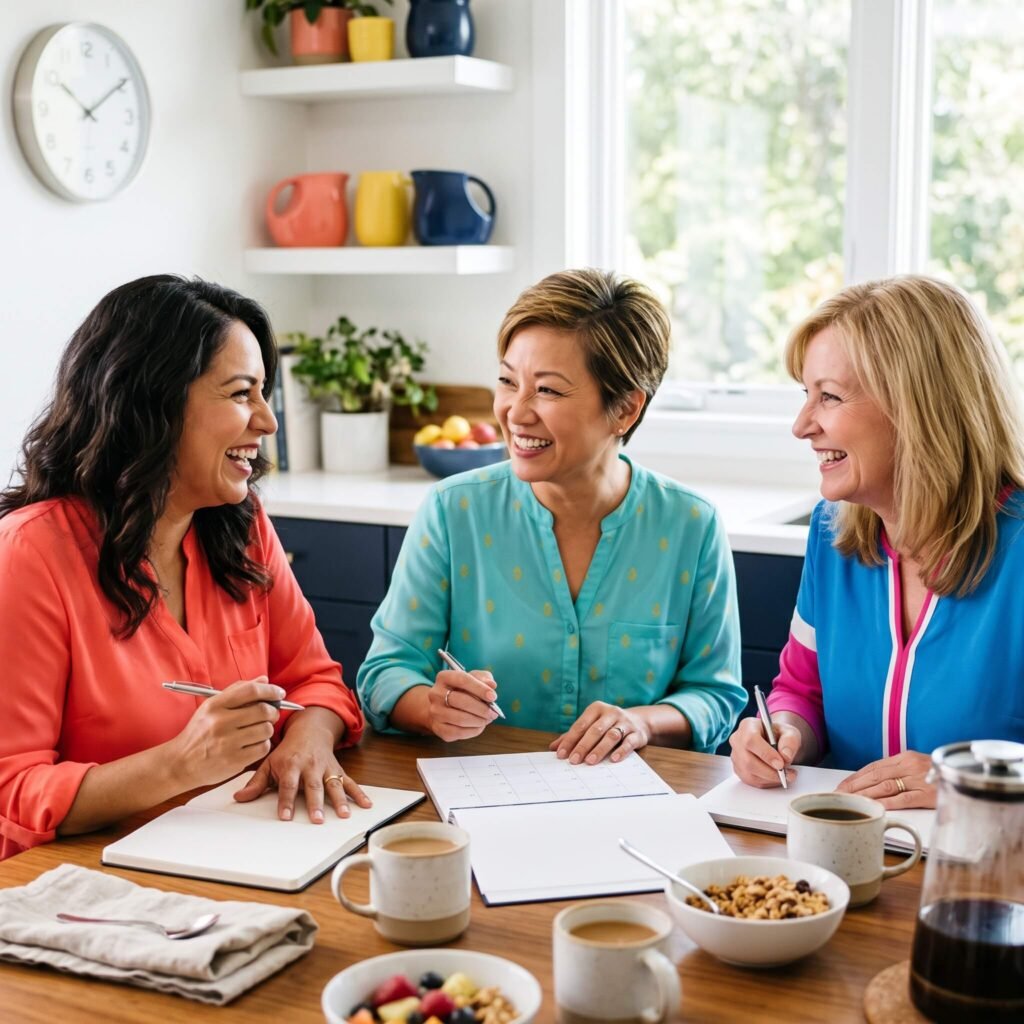 Three diverse women in their 40s and 50s comparing blank sleep journals and daily routines