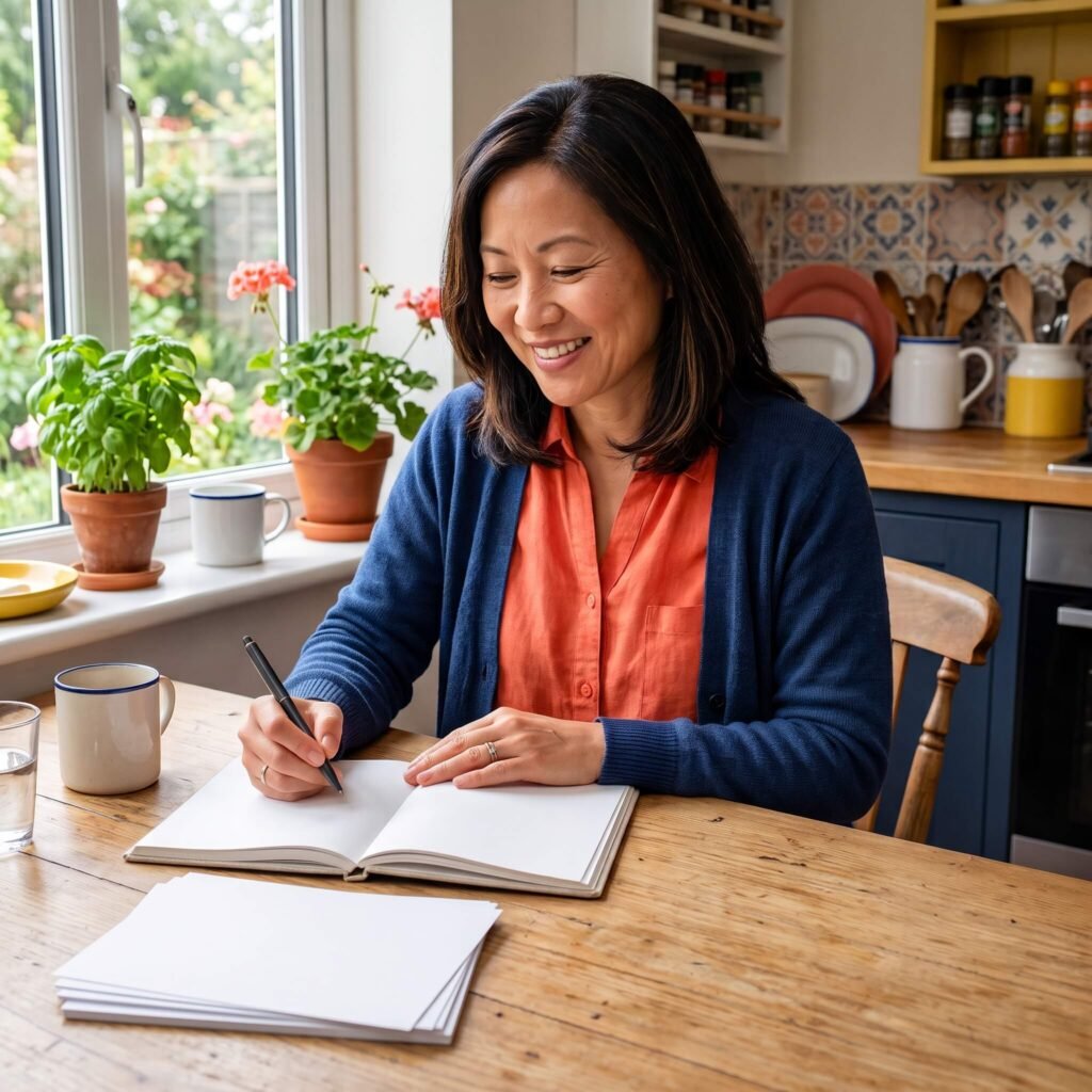 Midlife woman tracking sleep and menstrual-cycle symptoms in a blank journal