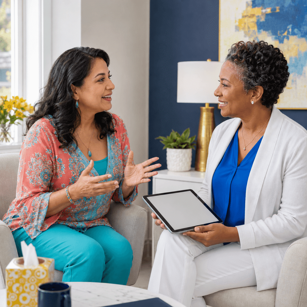 Midlife woman discussing persistent abdominal bloating with a female clinician