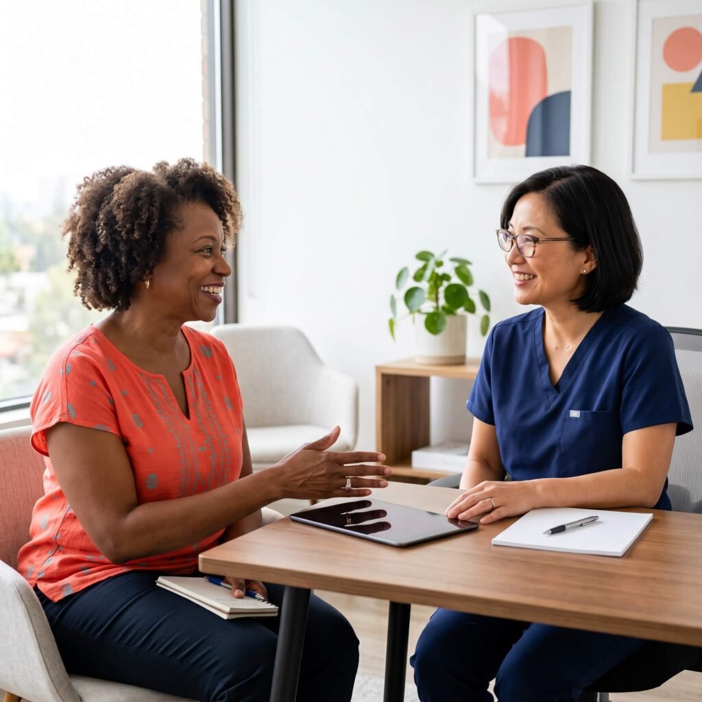 Midlife woman having a calm discussion with a healthcare professional about persistent digestive symptoms