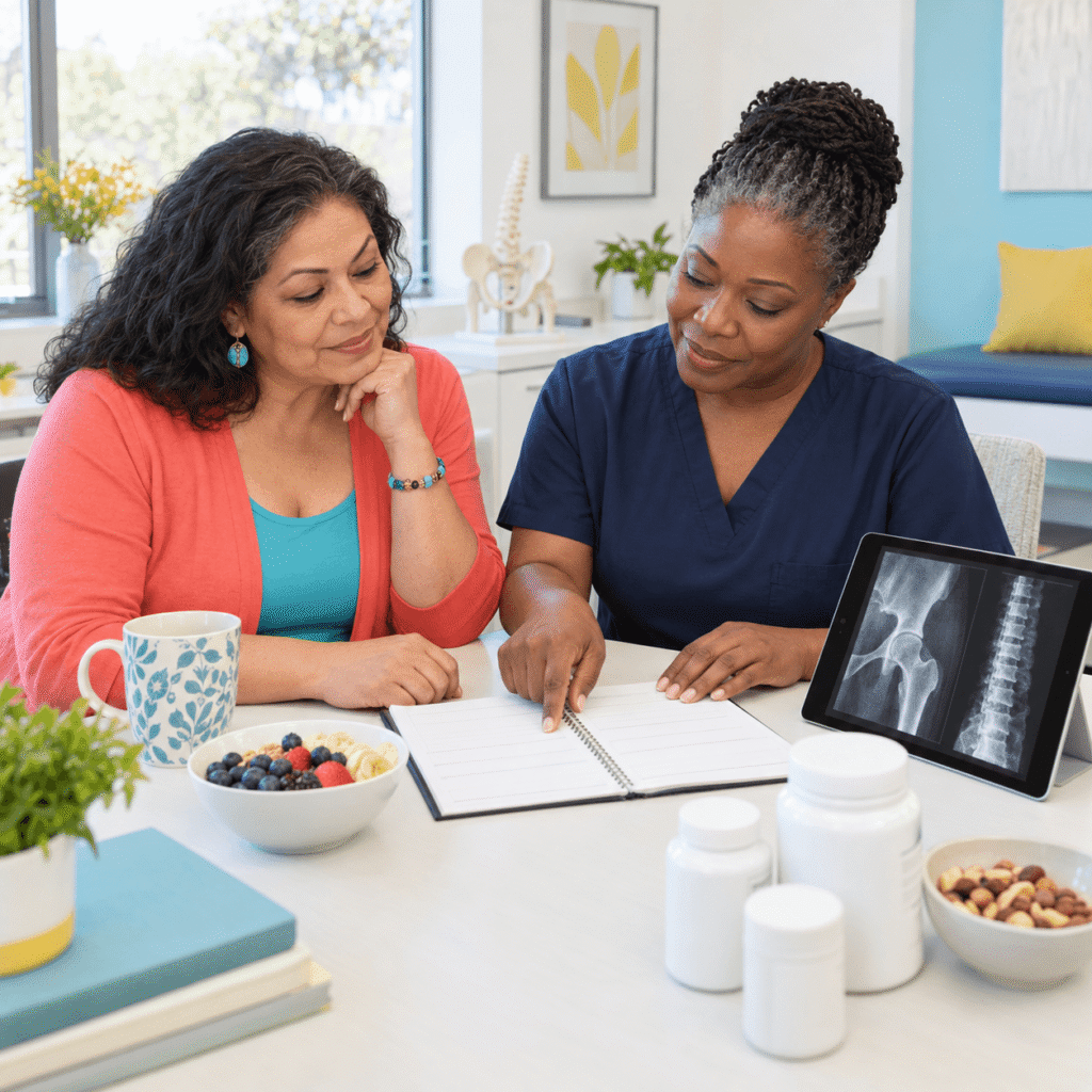 Menopausal Woman And Clinician Reviewing A Calcium Food Gap Audit
