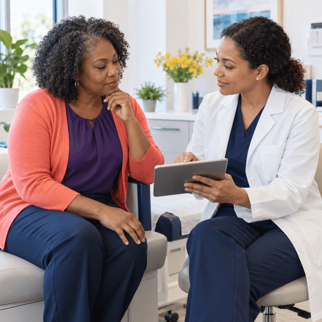 Menopausal Woman Discussing Cholesterol Treatment Options With Her Doctor