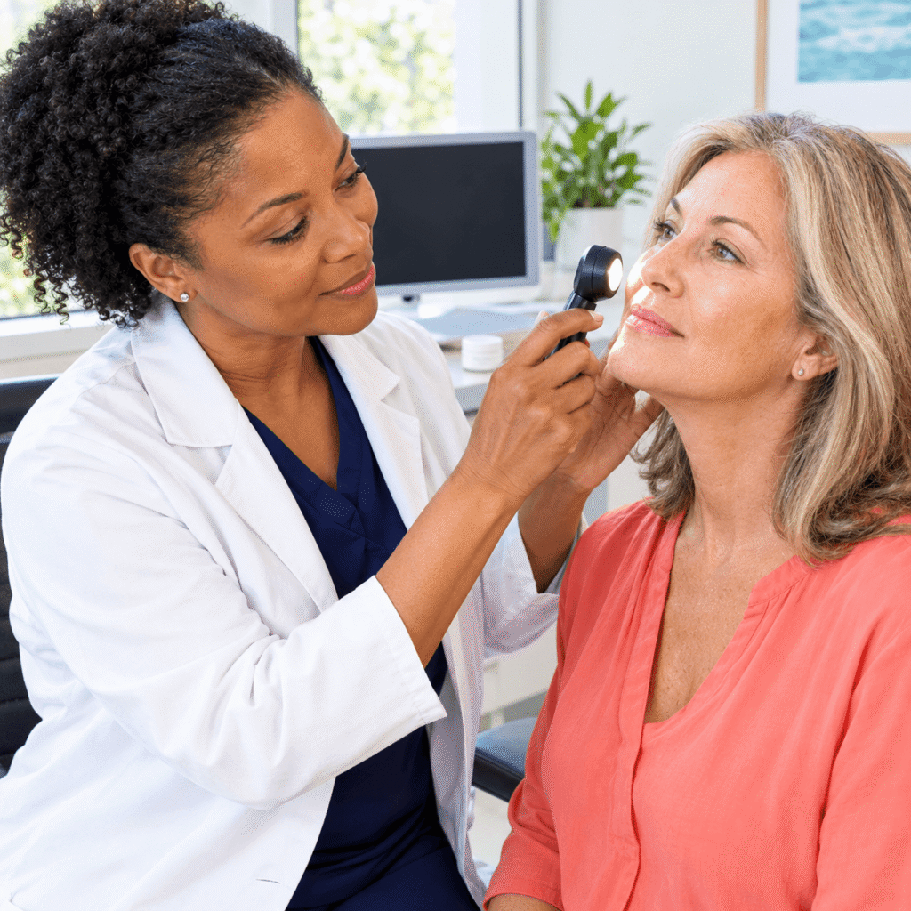 Dermatologist Assessing Menopause Dryness Hormonal Aging And Sun Damage
