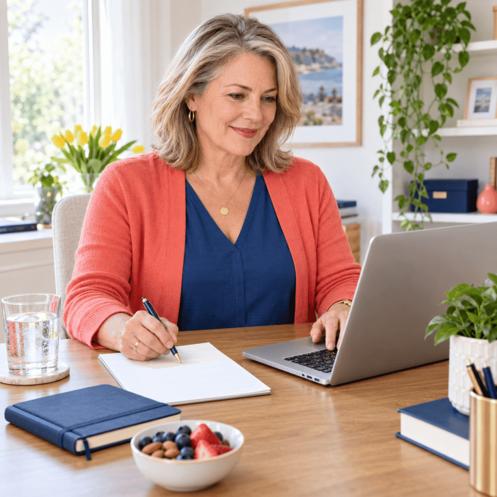 Professional Woman Using Notes To Manage Menopause Brain Fog