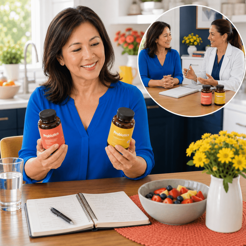 Woman discussing probiotic use and menopause digestive symptoms with a healthcare professional