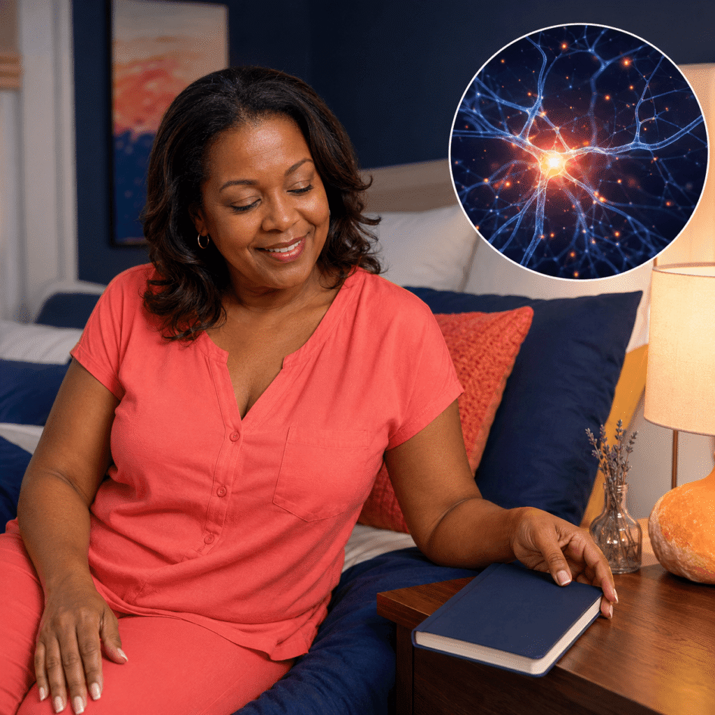 Midlife woman calmly preparing for sleep
