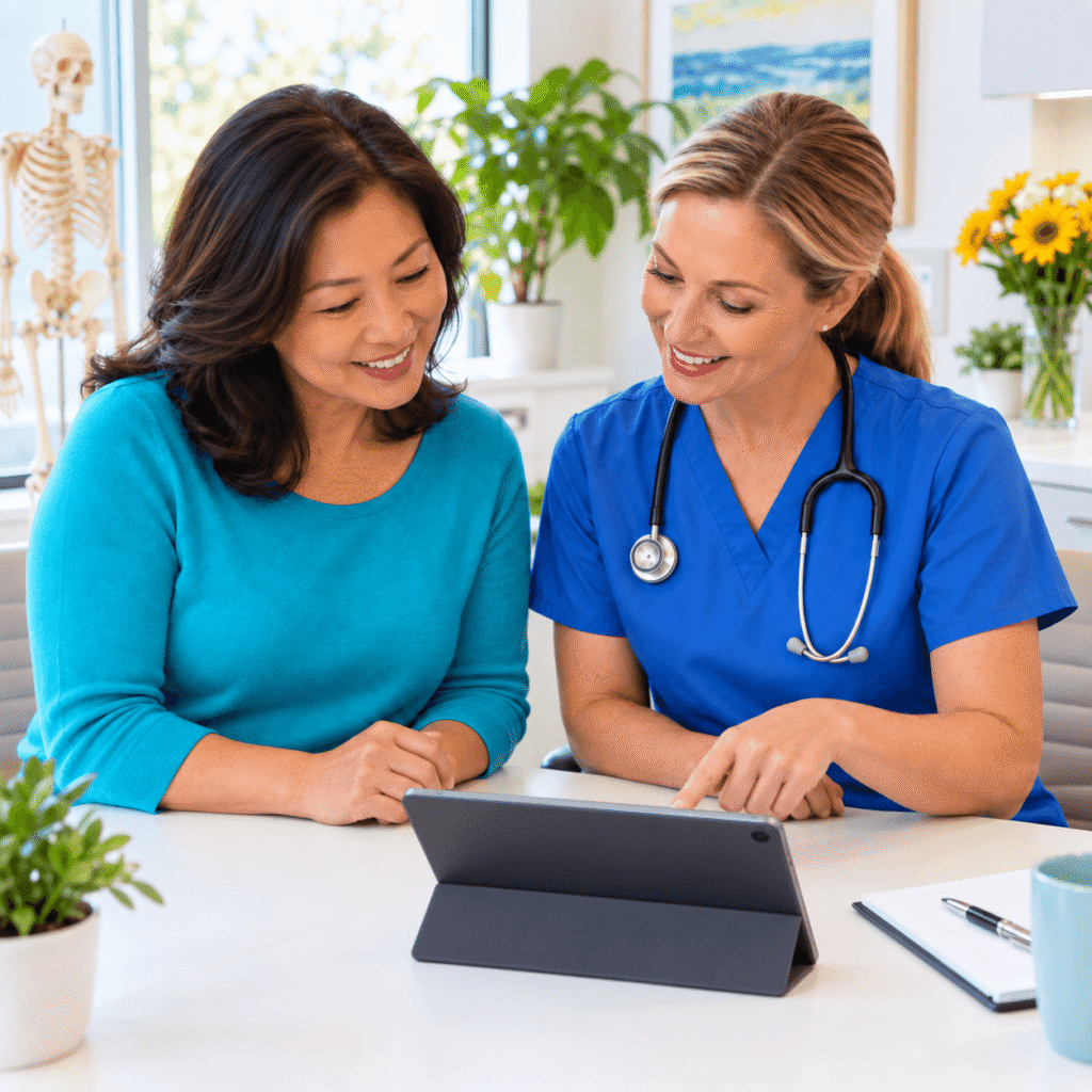 Asian Menopausal Woman And Female American Clinician Carefully Reviewing Her DEXA Scan Result
