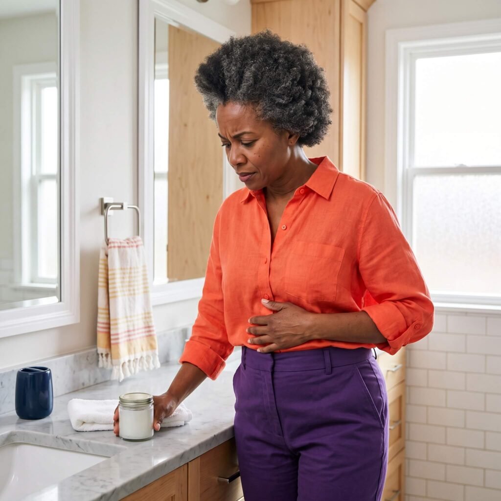 Midlife Woman Recognizing Possible Irritation After Using Coconut Oil